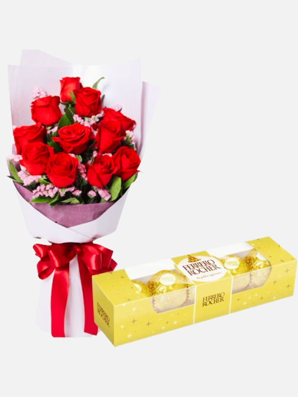 Ramo de rosas 12 unidades con chocolates