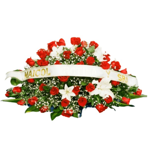 cubre caja rosas y liriios - arreglo floral fúnebre en Cali